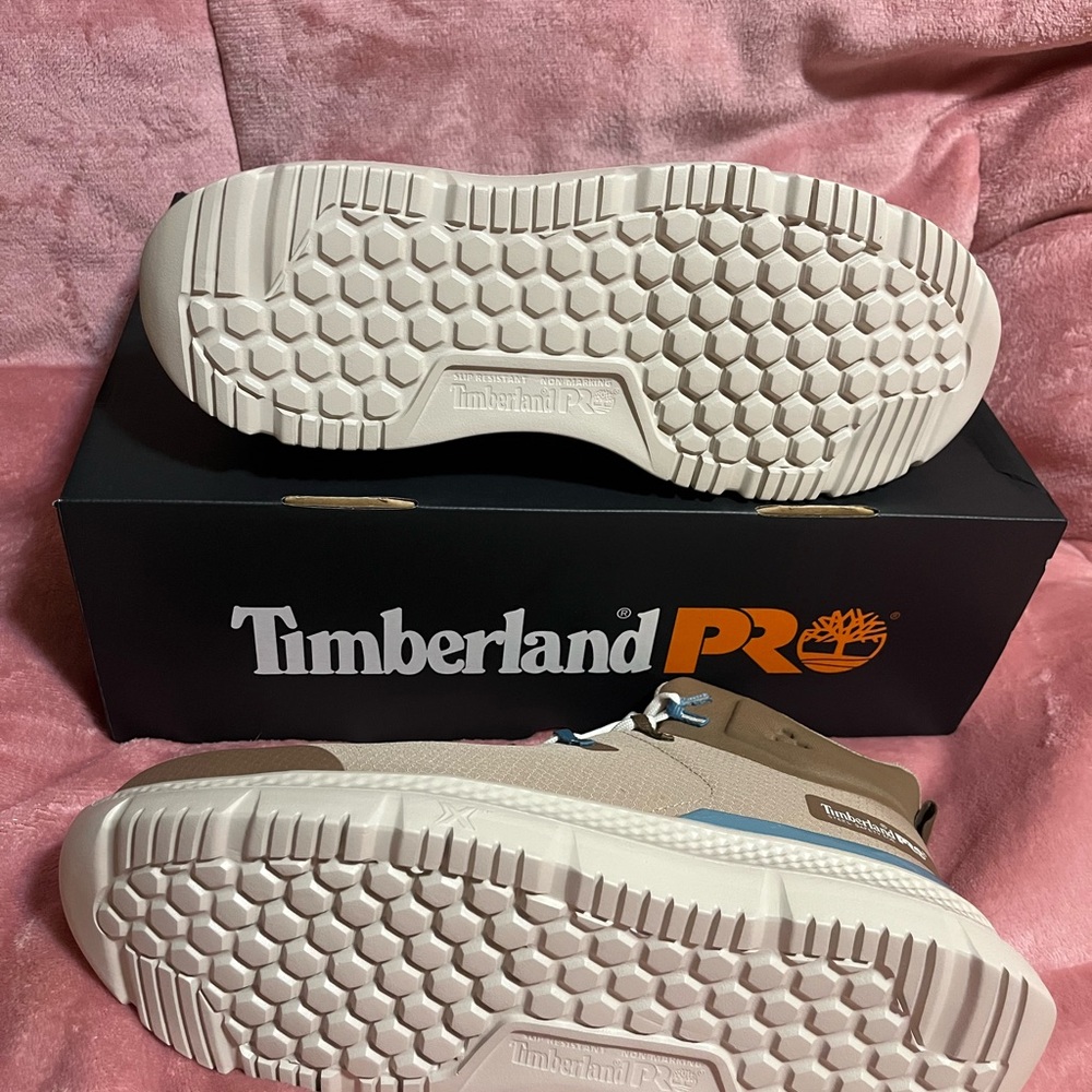 Timberland PRO Men's Work Boots — Tan with Blue Accents and White Sole